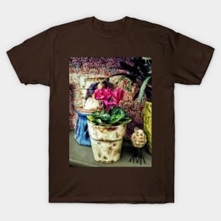 Cyclamen - Cyclamen in Flowerpot and Ceramic Bird T-Shirt